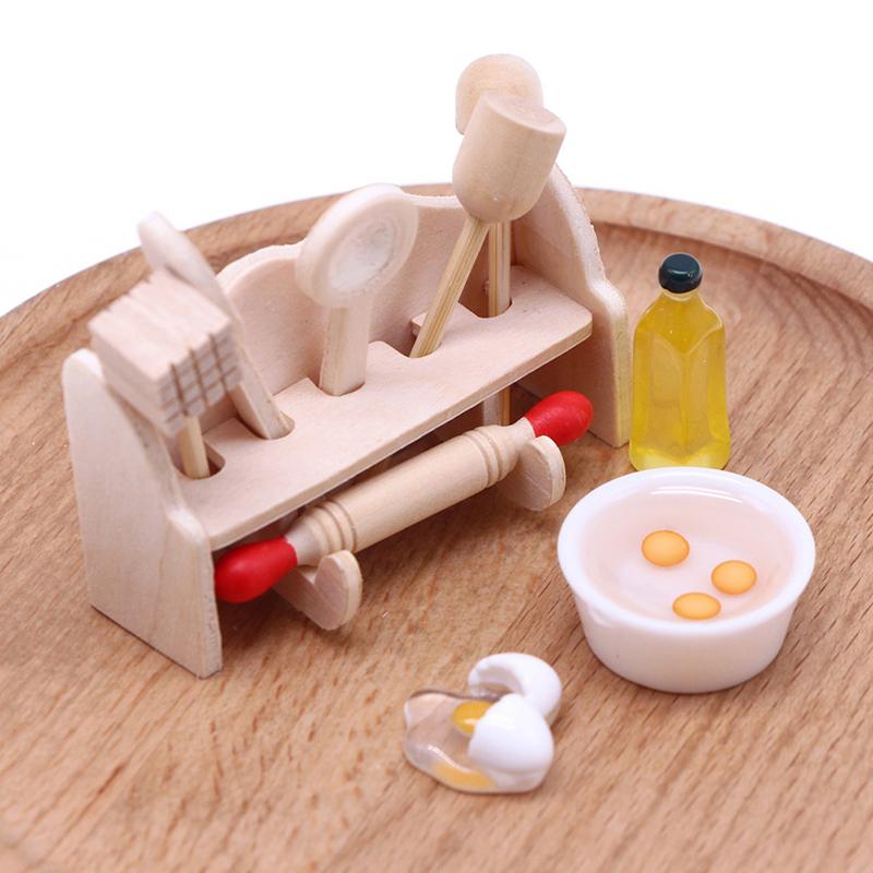 1Set Dollhouse Miniature Cookware Rolling Pin Spoon W/Storage Rack Kitchen Decor