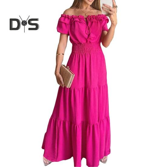 

Женское вечернее платье с открытыми плечами и гофрировкой на шнуровке с эластичной резинкой на талии с короткими рукавами-пузырьками в стиле пэчворк подол, сплошной цвет с рюшами, полная длина, бальное платье для выпускного вечера, макси-платье S розы кра