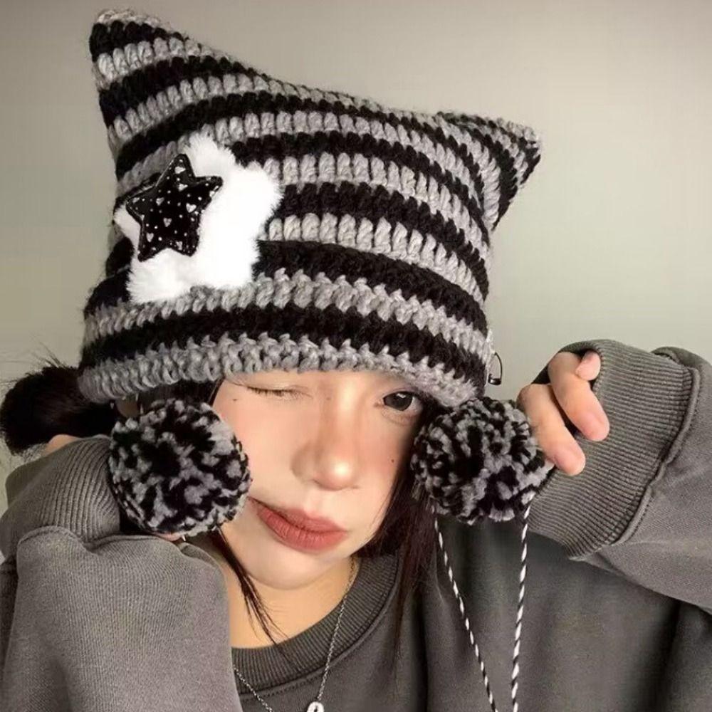 Y2K Cat's Ears Knitted Hat Star Woolen Hat Cute Warm Cap  Women