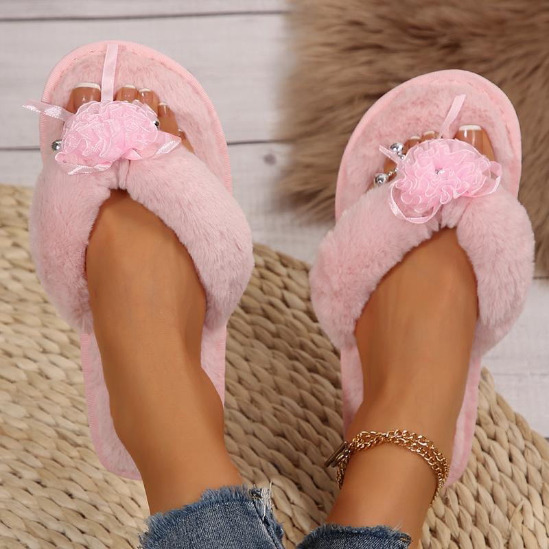 Fashion Retro Flower Detor Fur Flip Flops Women Comfort Faux Fur Warm Plush Slippers Woman Soft Slip On Light Cotton Slides Female