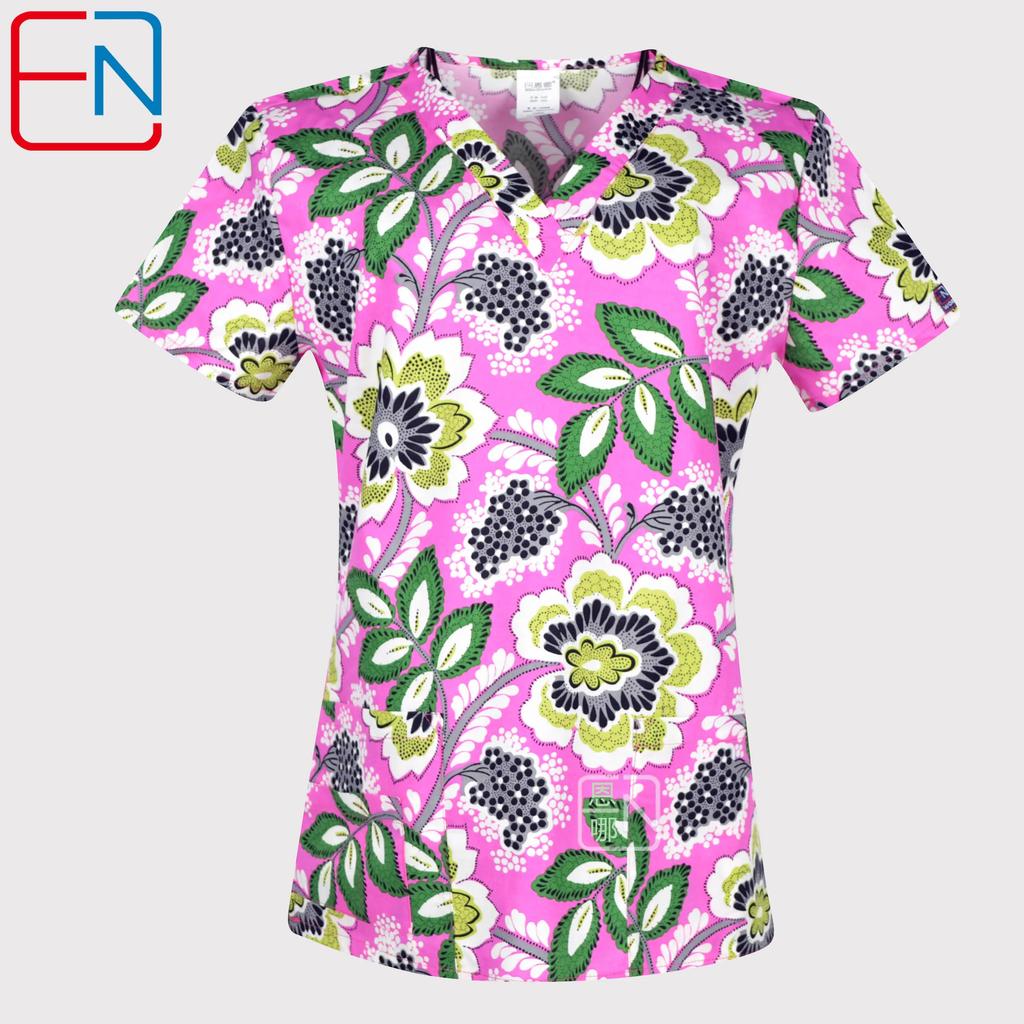 Hennar Uniforme de Trabalho Feminino 100% Algodão Estampado Uniformes Decote V Manga Curta XXS-3XL Hospitalar Clínico Uniforme de Trabalho Top