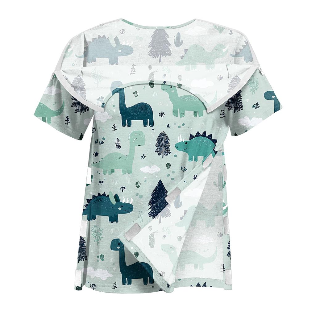 Post Surgery Shirt for Women Animal Print Short Sleeve Side Magic Tape Closure Shoulder Zipper Comfortable Recovery Top