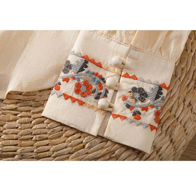Vintage Ethnic Embroidered Long Lantern Sleeve Loose Thin Shirt For Women
