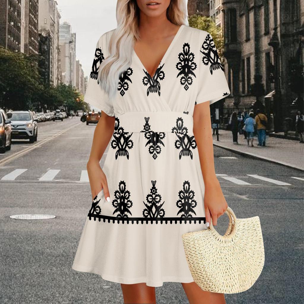 A Summer Short-sleeved Casual V-neck Floral Pocket Dress For Women