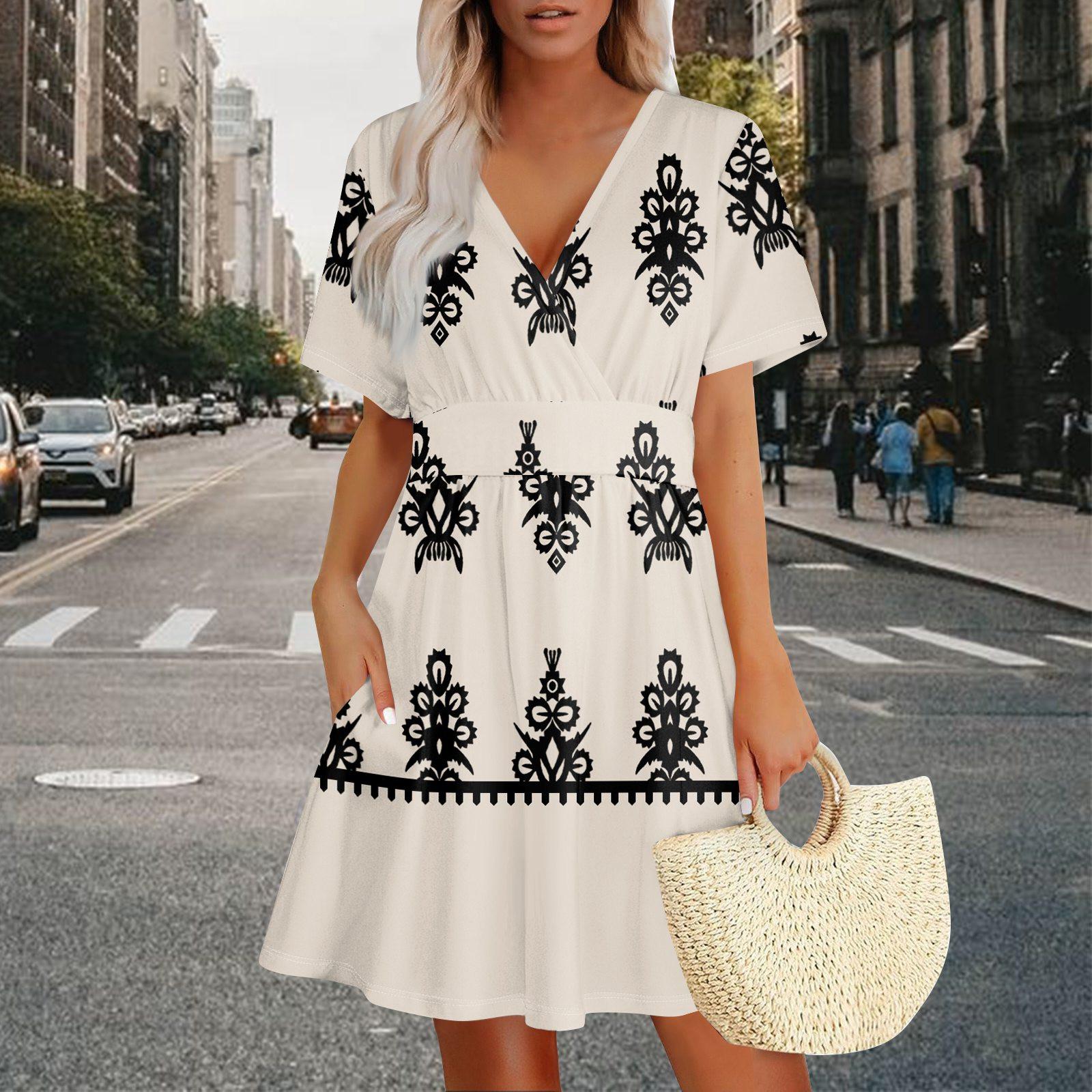 

Летнее повседневное платье с V-образным вырезом, короткими рукавами, цветочным принтом и карманом для женщин XL