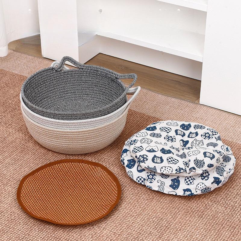 Cotton Rope Woven Cat Bed Basket Dual‑handle Nest with Cushion Cooling Pad Scratch‑proof for Indoor Cats All Season
