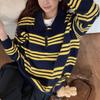 Vintage Contrasting Colors Knitted Pullovers Autumn Winter New Striped Female Clothing Polo-Neck Button Loose Sweaters