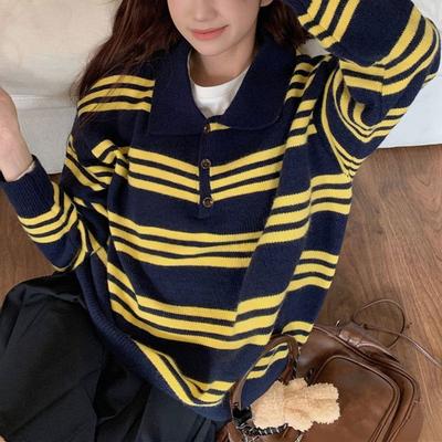 Suéteres de Malha Vintage com Cores Contrastantes Outono Inverno Novo Listrado Roupas Femininas Gola Polo Botão Solto