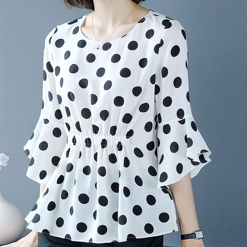 Spring and Autumn Ladies Chiffon Shirt Polka Dot Cover Belly Summer Ruffled Waist Blouse Western Style Small Shirt