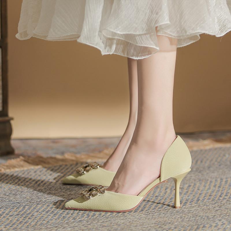 Square buckle rhinestone high heels women's thin heels 2025 new hollow French temperament not tired feet pointed single shoes women's shoes