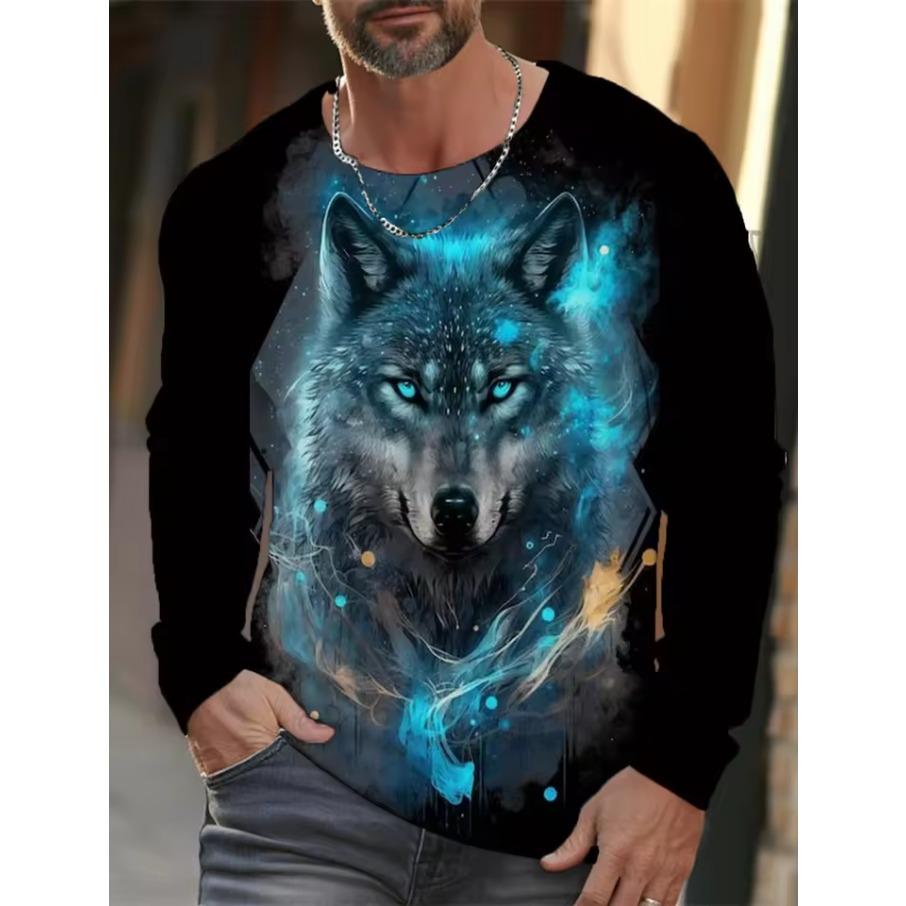 Wolf Graphic Men's Long Sleeve T-shirt for Men Clothing Casual Top Tee Shirt Fashion Animal 3D Full Printing Streetwear