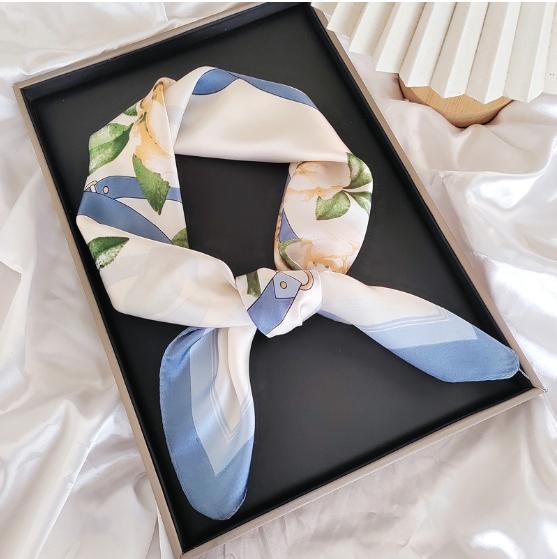 Luxury Silk Square Scarf Women Shawl Fashion French Flower Print Design Satin Hijab Wraps Neckerchief Female Hair Bands 70*70Cm
