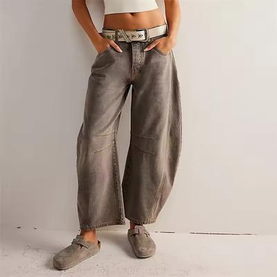 Women's High-Stretch Barrel Jeans Wide-Leg Shape Casual Baggy Mid-Waist Denim Jeans