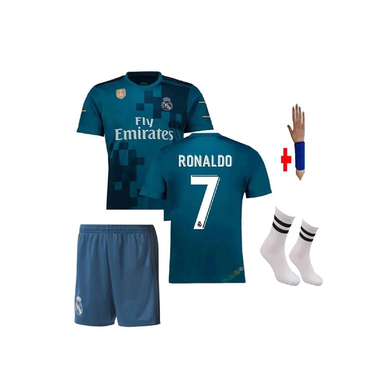 

Комплект из 4 бирюзовых детских футбольных майок Real Madrid Cristiano Ronaldo сезона 2017/18 бирюзового цвета