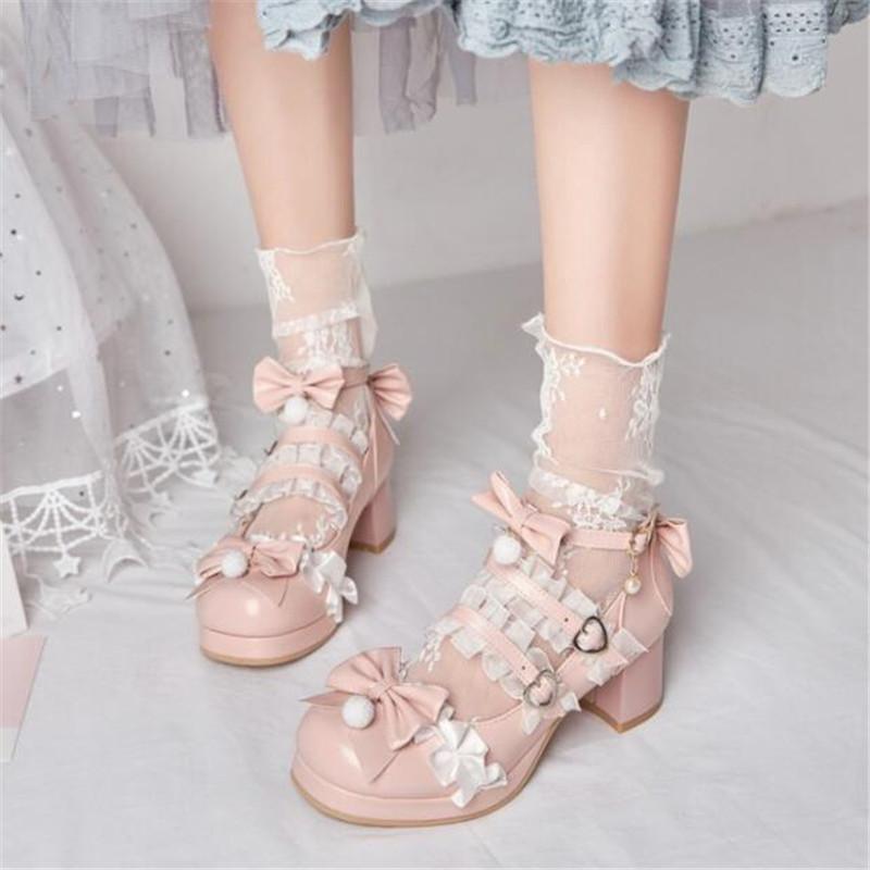 Cross Strap Girls High Heels Women Mary Jane Pumps Wedding Party Shoes Sweet Ruffles Bow Princess Cosplay Lolita Shoes 29-43
