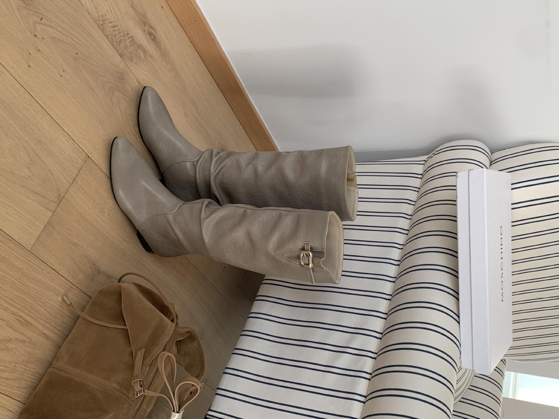 

Ботильоны-рыцари с плиссированным голенищем до колена на толстом каблуке женская обувь 2025 новая весна и осень западные тонкие средней длины сапоги 39 серый