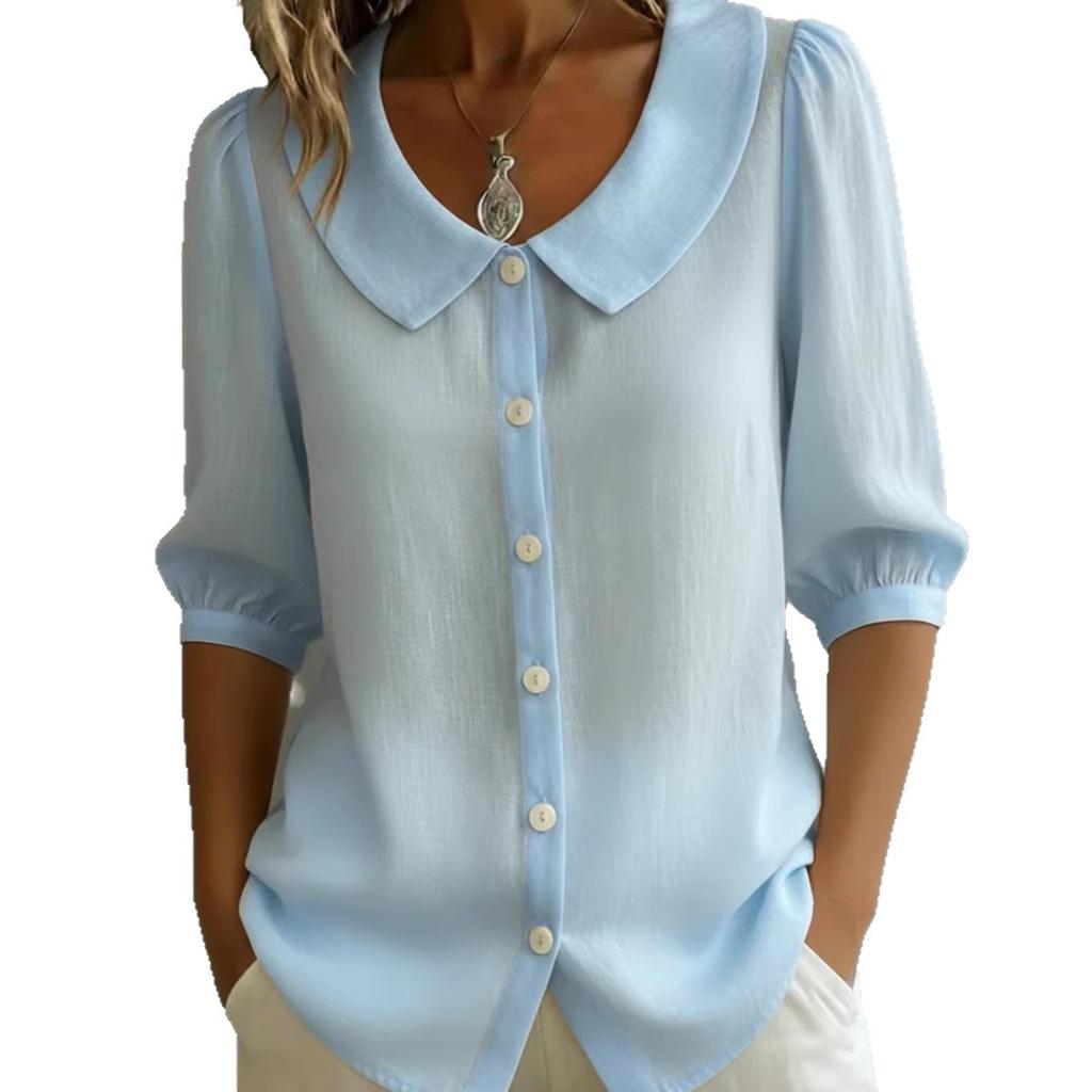 European and American design sense niche commuter linen new spinning shirt short sleeve loose v-neck women's summer