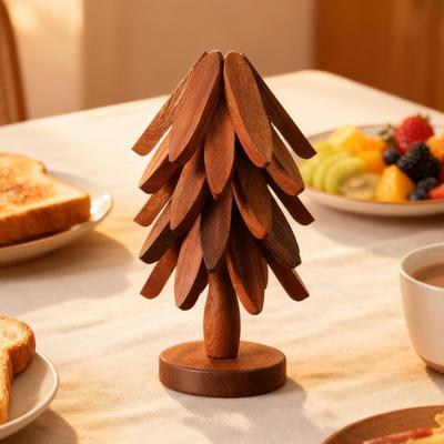 Wooden Tree Trivets Folding Heat Resistant Wood Christmas Tree Teapot Coaster Tabletop Protection Hot Pot Coaster Home Decor