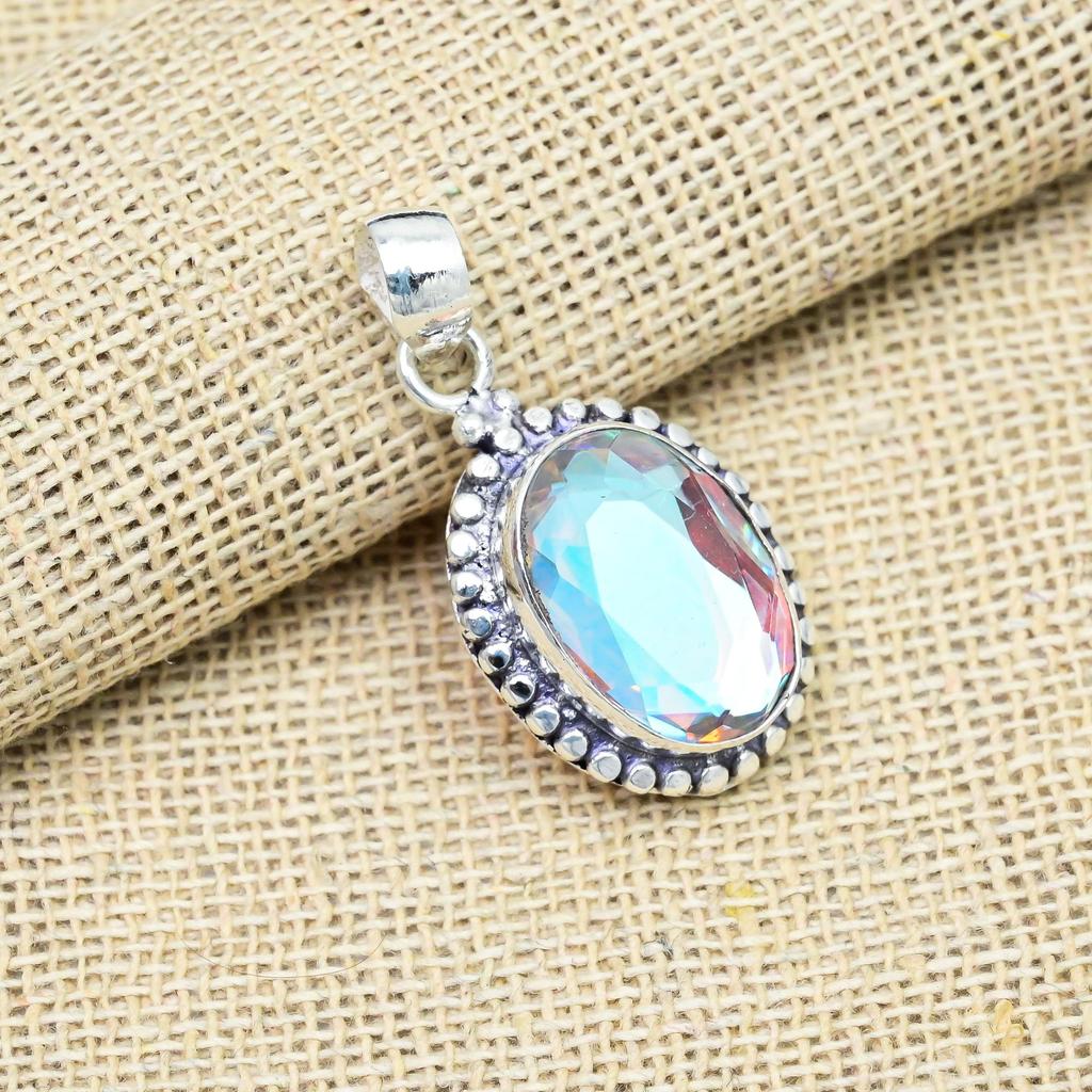 AAA+Mystic Topaz Gemstone Handmade 925 Sterling Silver Pendant Jewelry For Engagement Gift