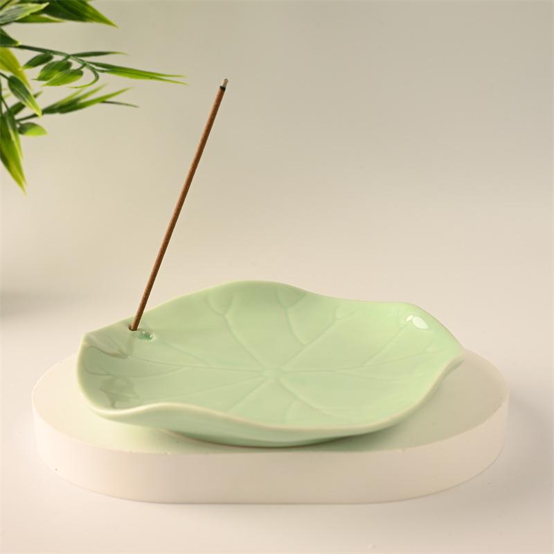 Celadon Lotus Leaf Incense Holder - Ceramic Monk Zen Burner for Indoor Decor