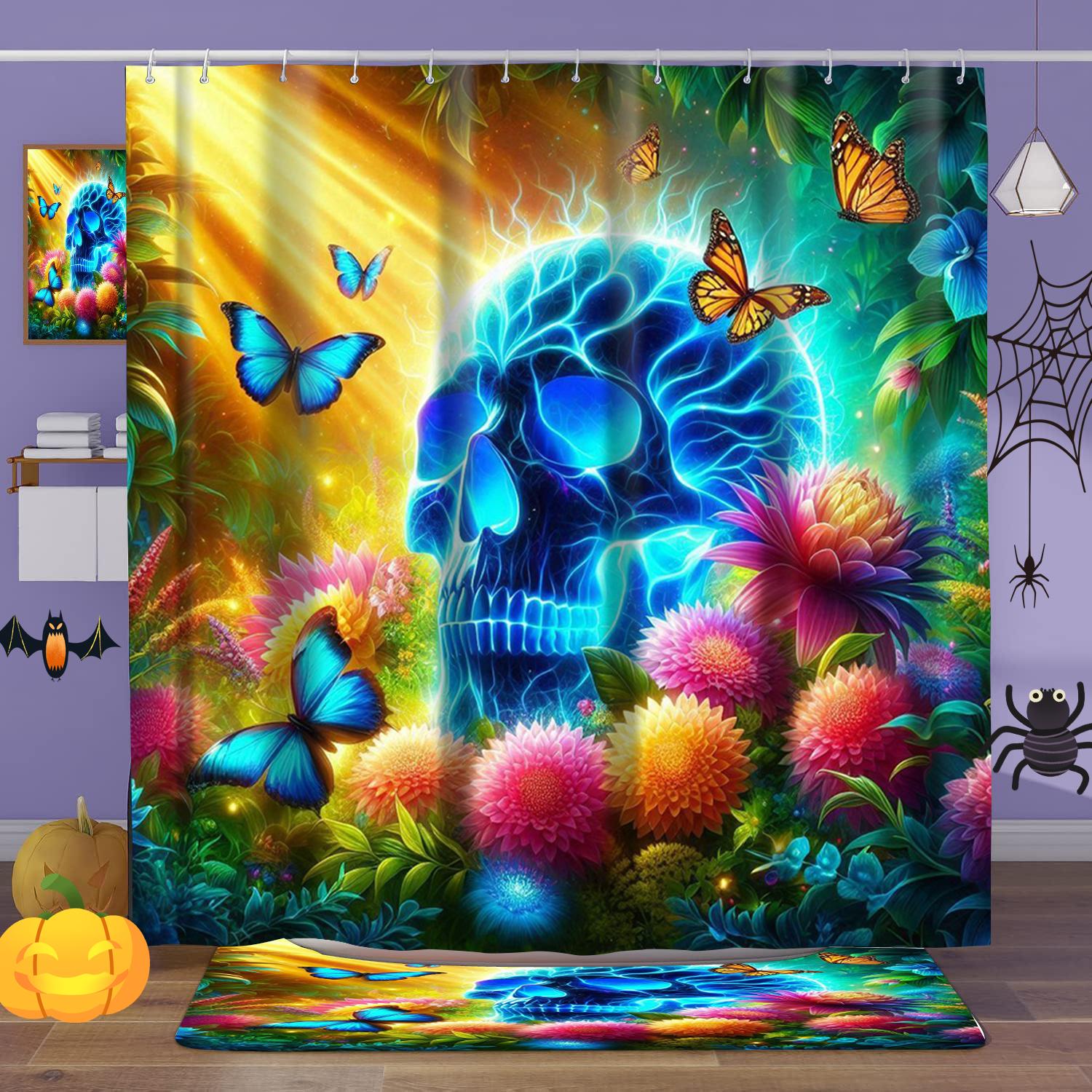 

Helloween Theme Flower Skull Pattern Bathing Curtain Bathroom Shower Curtain Waterproof With 12 Hooks Home Deco Free Ship W60H190(CM)-1 Pcs