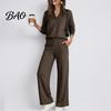 Women Gym Clothing Sweatshirt Pants 2-Piece Set, V-Neck Long Sleeve Top & Wide Lounge Sets Leg Trousers with Elastic Waist, Solid Color Matching
