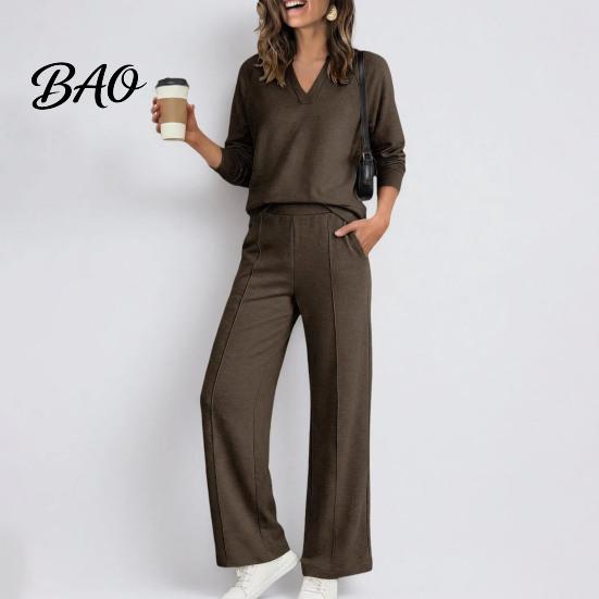Women Gym Clothing Sweatshirt Pants 2-Piece Set, V-Neck Long Sleeve Top & Wide Lounge Sets Leg Trousers with Elastic Waist, Solid Color Matching