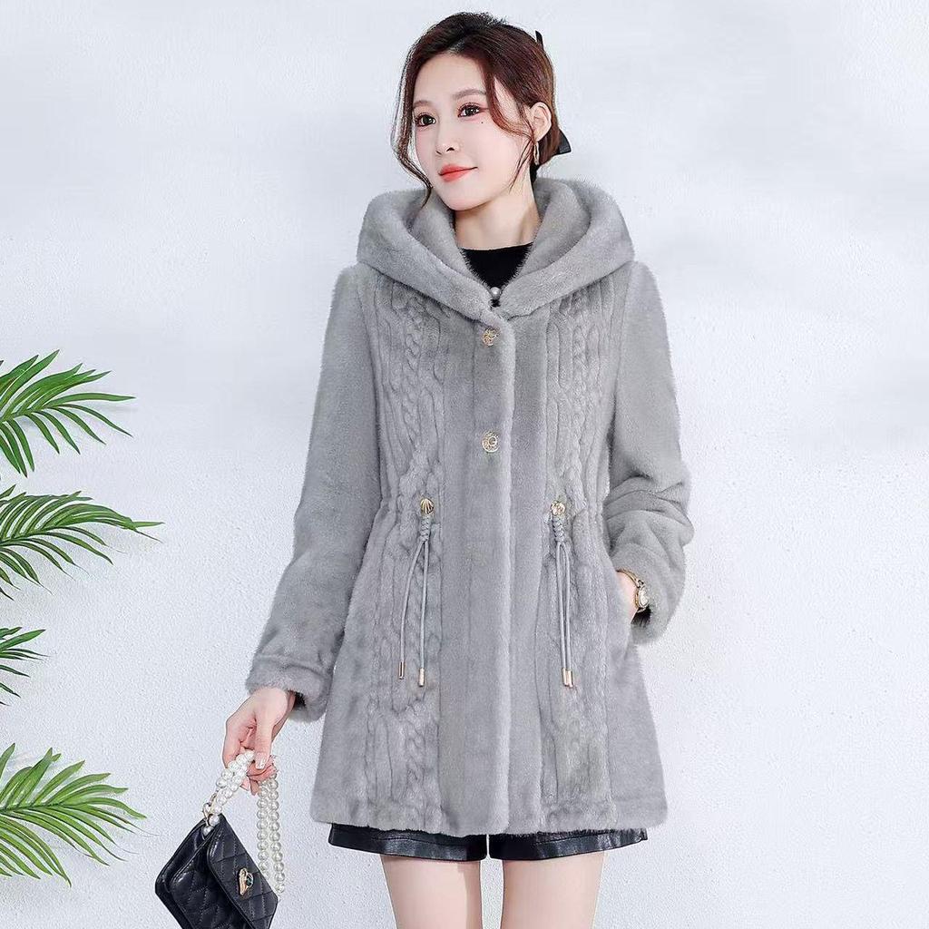 Mink Fur Hooded Mid-Length Winter Coat for Women