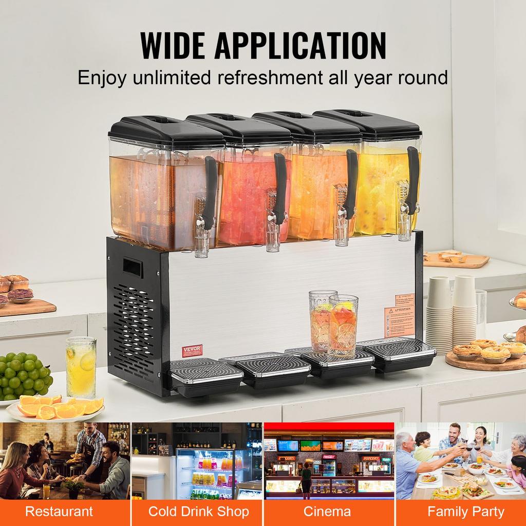 VEVOR Commercial Beverage Dispenser, 4 Tanks 12 L Per Tank Juice Dispenser