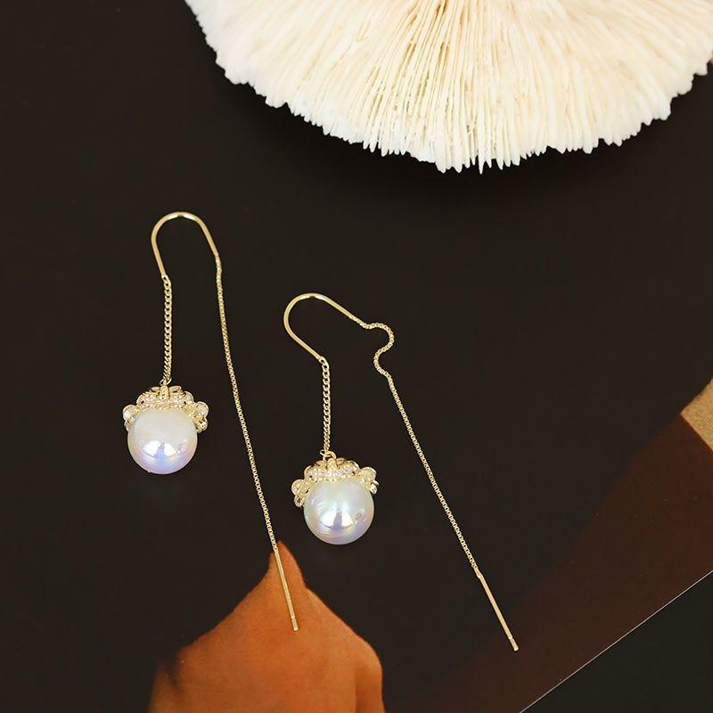 Elegant Zircon Flower Tassel Pearl Earrings - 2023 Trend, Korean Style