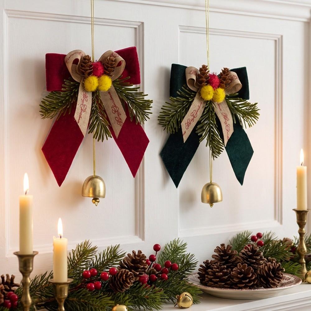 PVC Pine Needle Pinecone Christmas Tree Decor Bow with Bell Xmas Ornaments Christmas Tree
