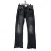 Mens Black Distressed Slim Fit Denim Jeans With Fringe Detail Vintage Washed Mid-Rise Flared Leg