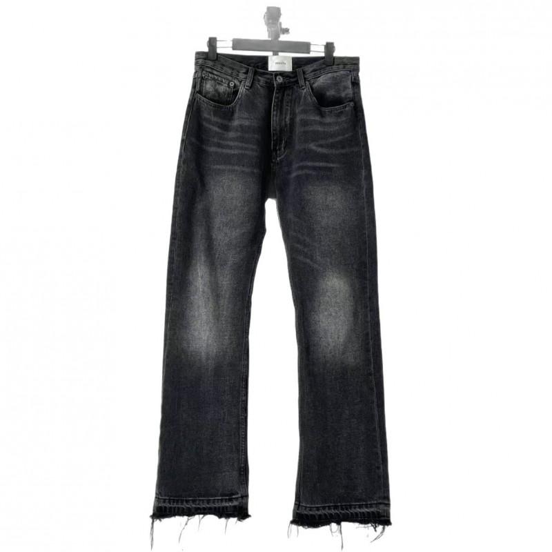 Mens Black Distressed Slim Fit Denim Jeans With Fringe Detail Vintage Washed Mid-Rise Flared Leg