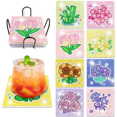 LUCKYBEE Diamond Art Coaster Kit, Flower Bead Art Set, 5D Diamond Painting Kit, DIY Diamond Painting with Holder, Craft Kit for Beginners, Adults,