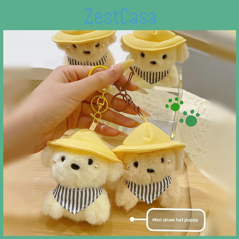 Straw Hat Dog Plush Keychain With Cute 3d Design For Bag Decor
