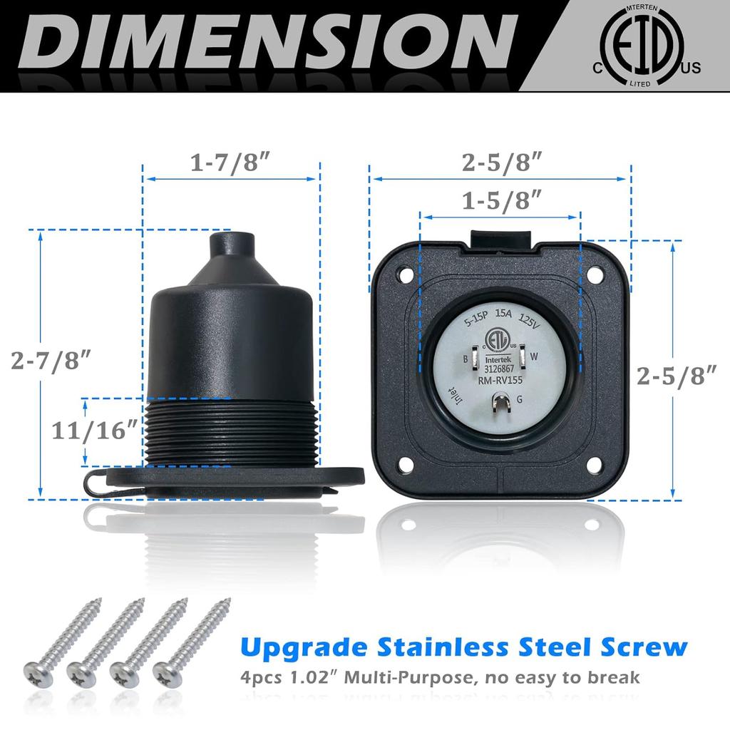 15 Amp Inlet, 125V Shore Power Inlet Power Inlet Port Plug NEMA 5-15P Male Receptacle RV Flanged Inlet With Waterproof Covers 2 Pole 3-Wire ETL