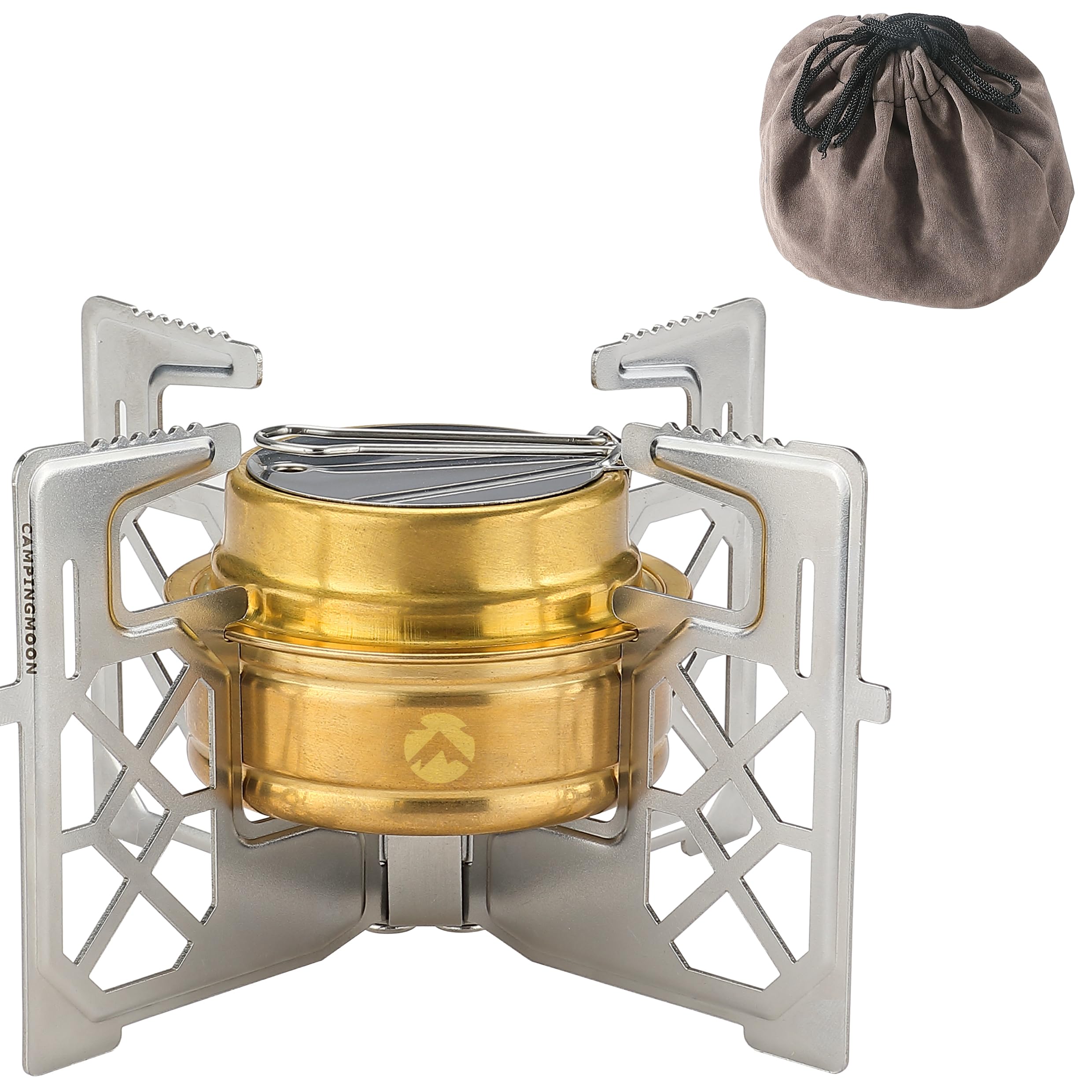

CAMPING MOON AS-1 Alcohol Burner with Storage Bag, Stainless Steel Trivet, Cross Trivet, Compact Alcohol Stove