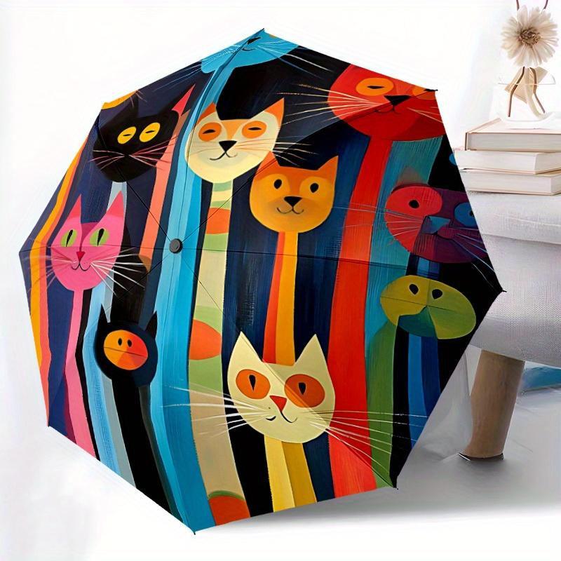 1pc Cat Family Automatic Open/close Folding Compact Umbrella, 8-Rib Sturdy Canopy, Lightweight Portable, Commuting Use, Gift,103