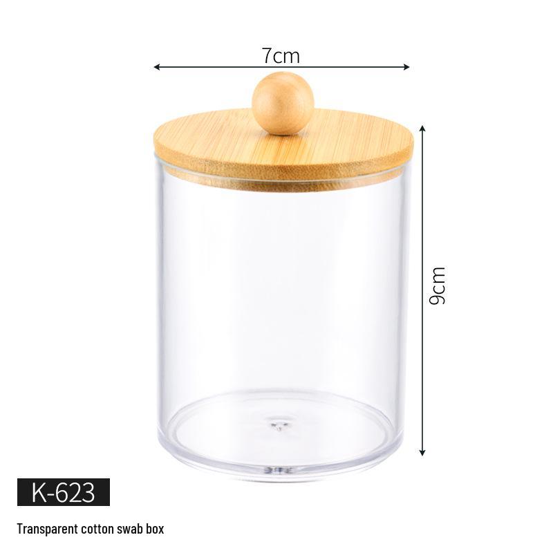 Clear Round Storage Box with Bamboo Lid for Cotton Swabs, Makeup Puffs, and Removers