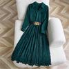 Solid Green Lace Splice One Piece Shirt Dress for Women Elegant Turn Down Collar Long Sleeve Belt Slim A-line Dress