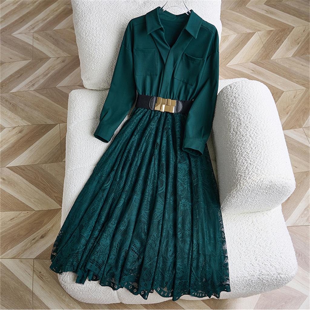 Solid Green Lace Splice One Piece Shirt Dress for Women Elegant Turn Down Collar Long Sleeve Belt Slim A-line Dress