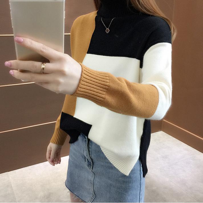 Fall/Winter Women Turtleneck Sweater Loose Color-Block Thick Pullover Knitwear Stretch Long-sleeved Split Knit Top Jumper Outwear