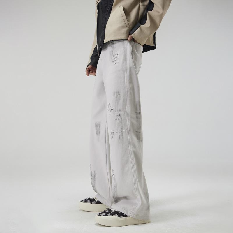 Street Hip-hop Tie-dye Washing Jeans Mens Comfortable Fit Straight Wide-leg Everyday Dirty Pants