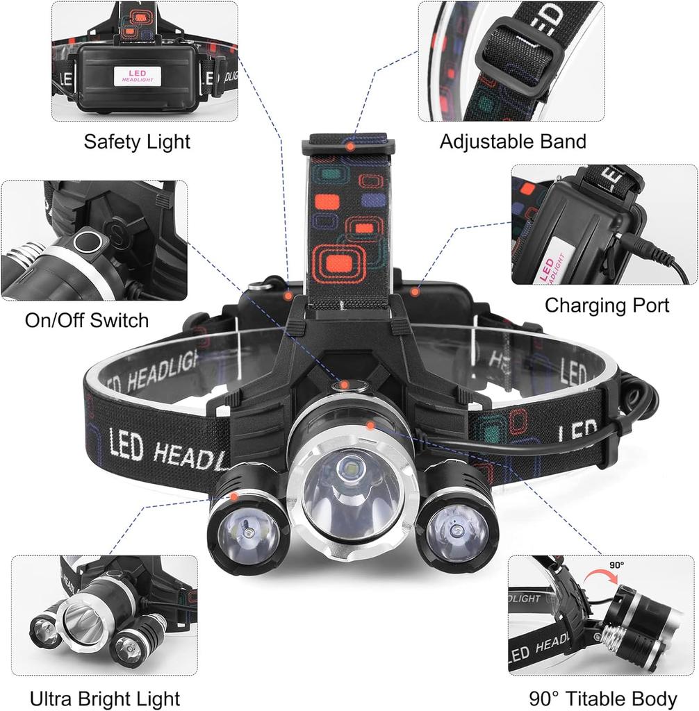 Super Bright 3 Led Headlamp Use 18650 Battery Rechargeable Head Flashlight 4-Mode Outdoor Camping Fishing Hunting Headlight