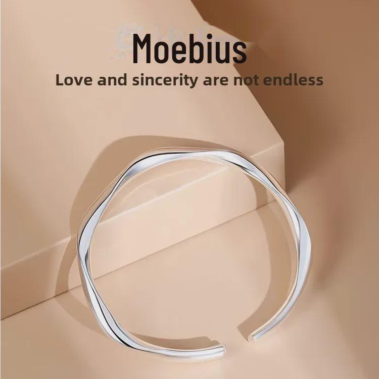"9999 Sterling Silver Mobius Open Bracelet - Light Luxury Design for Men & Women, Ideal Gift for Young Couples and Students"