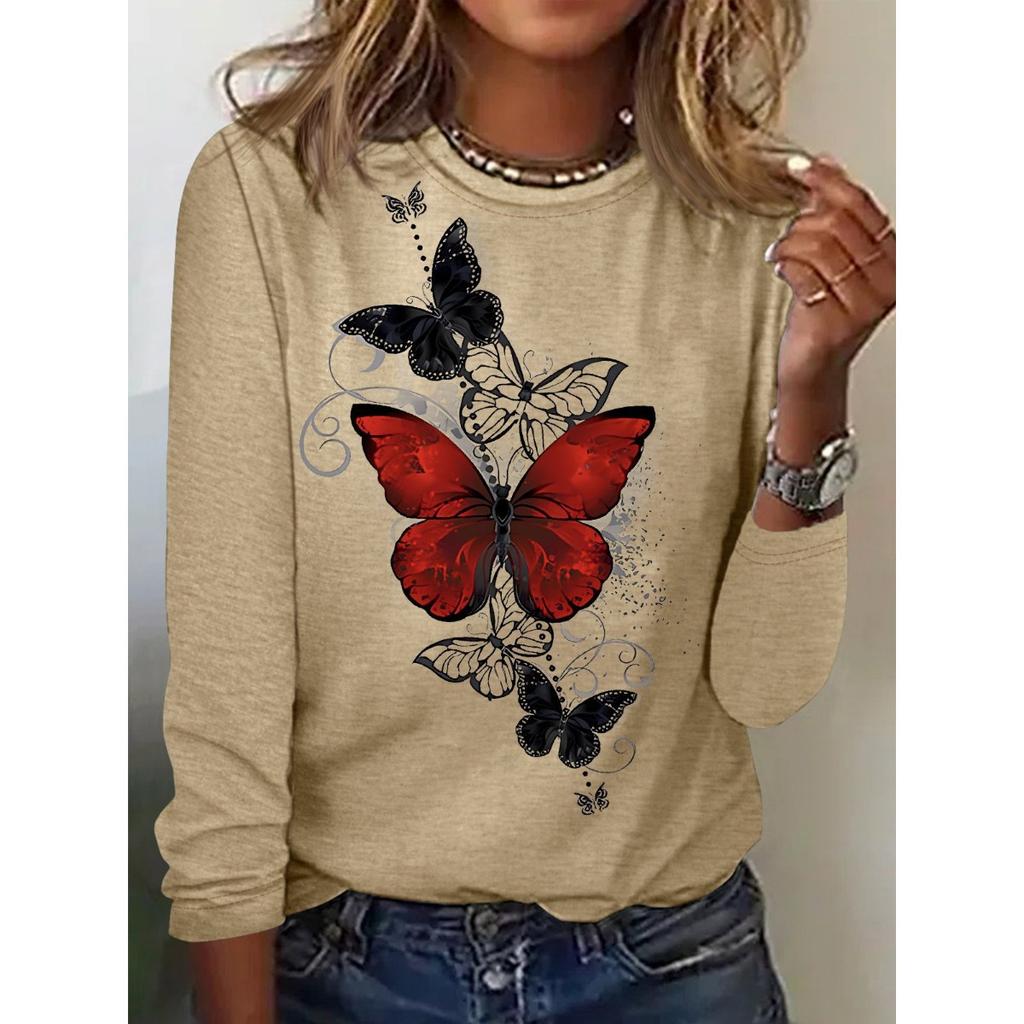 Round Neck 3D Printed Butterfly Pattern Top Fashionable Casual Long Sleeved Women's T-shirts