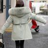 Winter-Daunenmantel, dick gepolstert, Plüschkapuze, mittellang, winddicht, Taschen, lange Ärmel, verstellbarer Kordelzug, Baumwolljacke für den Alltag