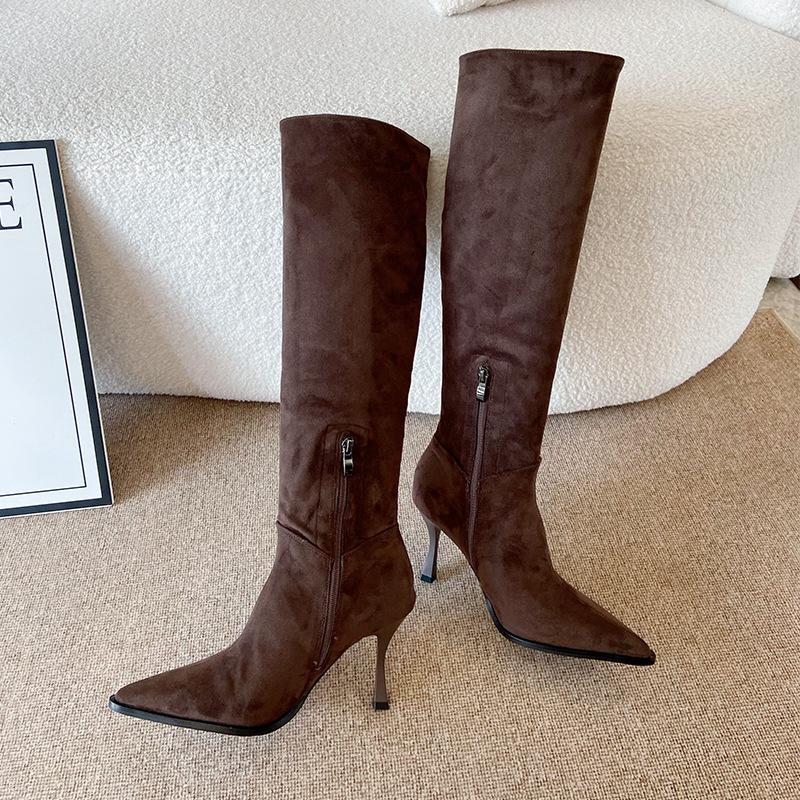 

F868-1 Ботфорты женские 2025 Осень и Зима Новые Замшевые Остроносые Тонкий Каблук Высокий Каблук Складки Голенище Женские Сапоги 39 темно-коричневого