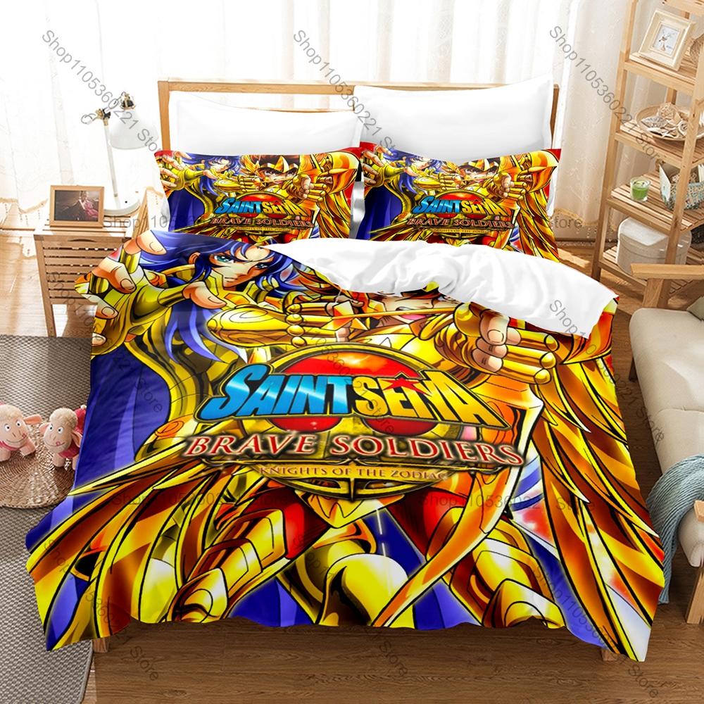 Saint Seiya 3PCS Bedding Set Classic Anime Warrior Print Soft Microfiber Duvet Cover Pillowcase Home Decor