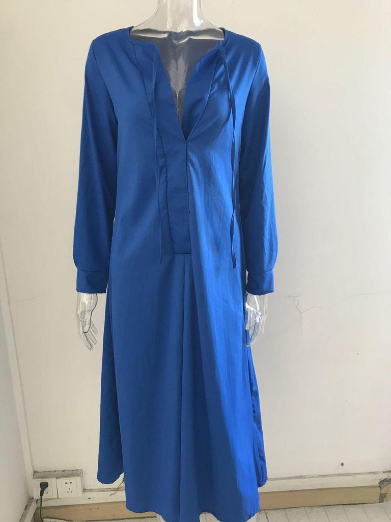 2025 European & American V-Neck Solid Color Long Sleeve Casual Dress for Autumn/Winter